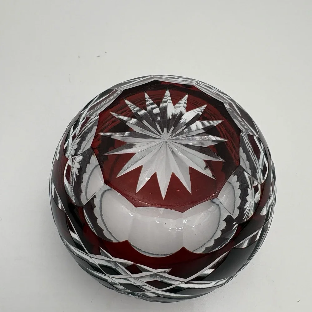 Bohemian Crystal Cut Clear Red Cranberry Votive‎ / Small Flower Design Bowl